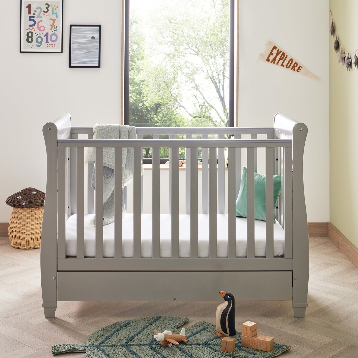 Babymore Eva Sleigh Cot Bed Drop Side with Drawer
