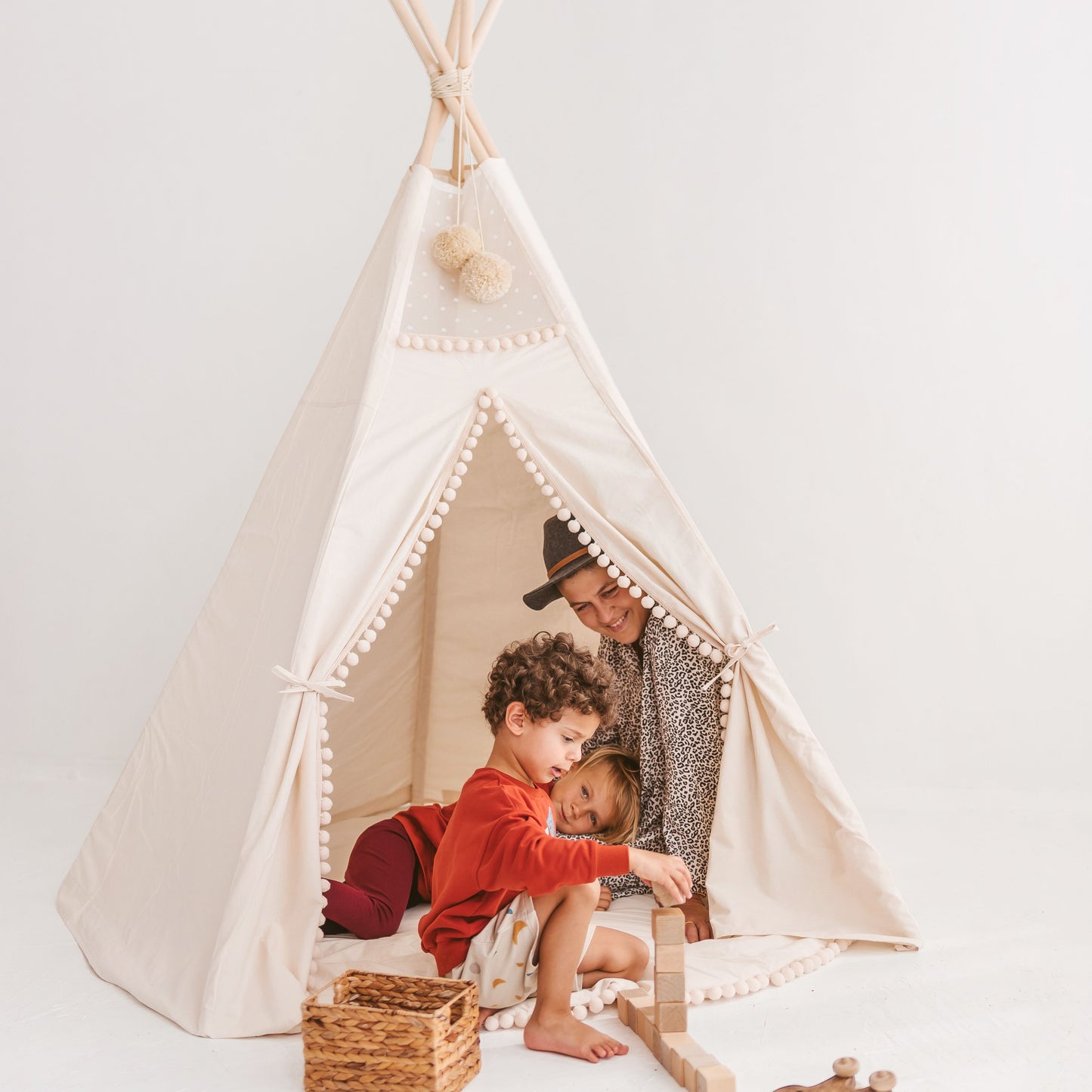 MINICAMP Extra Large Kids Teepee Tent with Pom Pom Decor