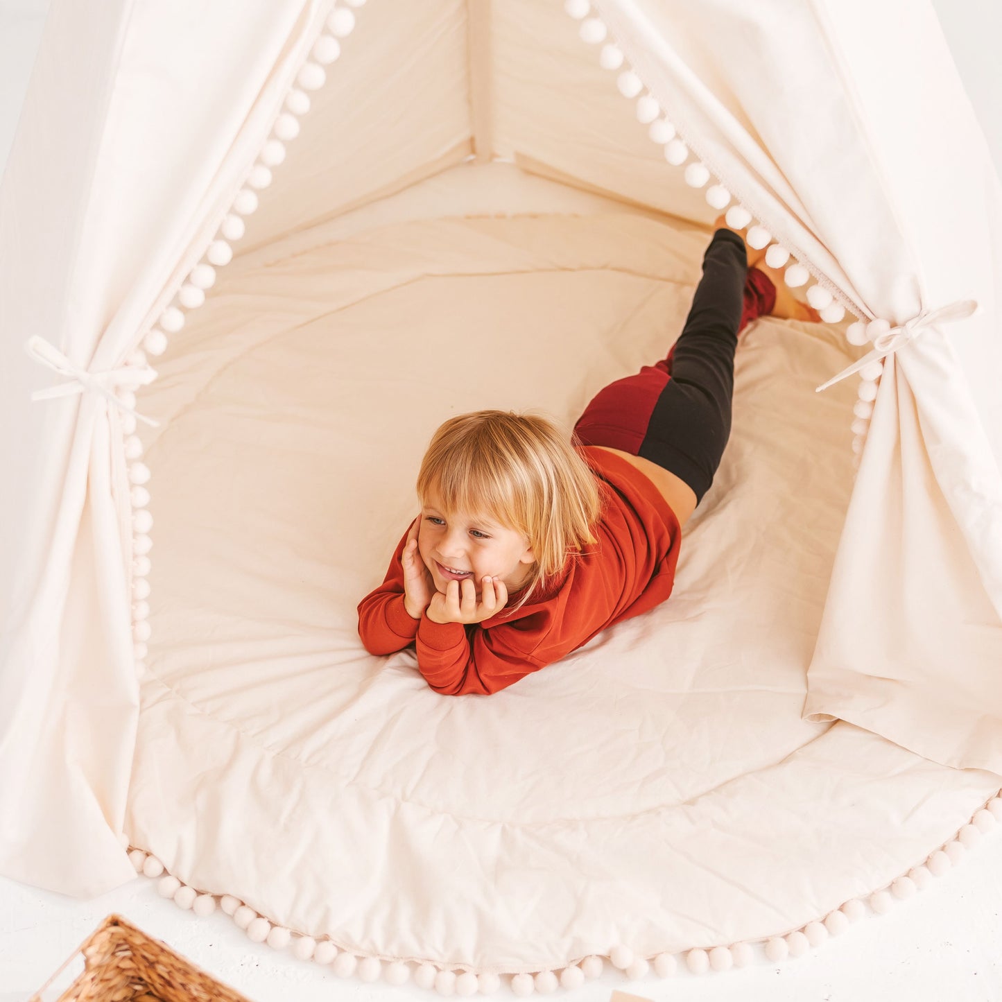 MINICAMP Extra Large Kids Teepee Tent with Pom Pom Decor
