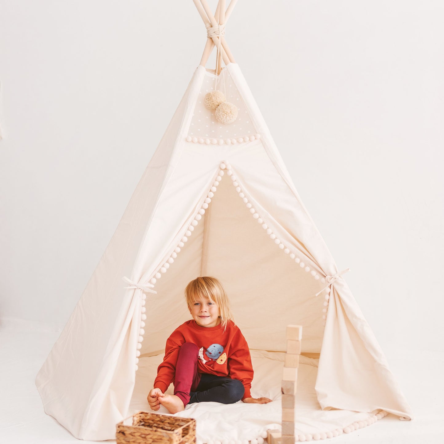 MINICAMP Extra Large Kids Teepee Tent with Pom Pom Decor