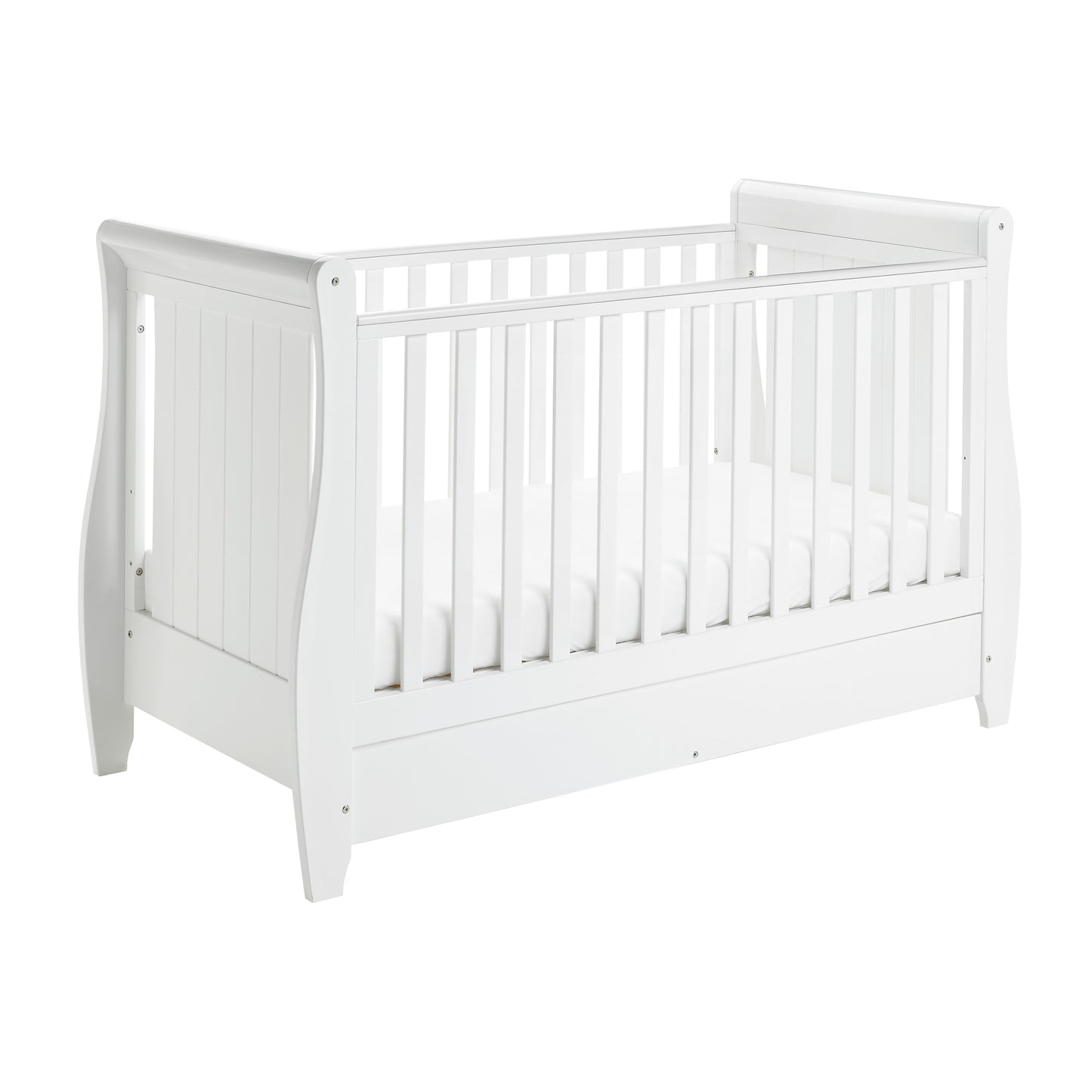 Babymore Stella Sleigh Cot Bed Drop Side with Drawer - White