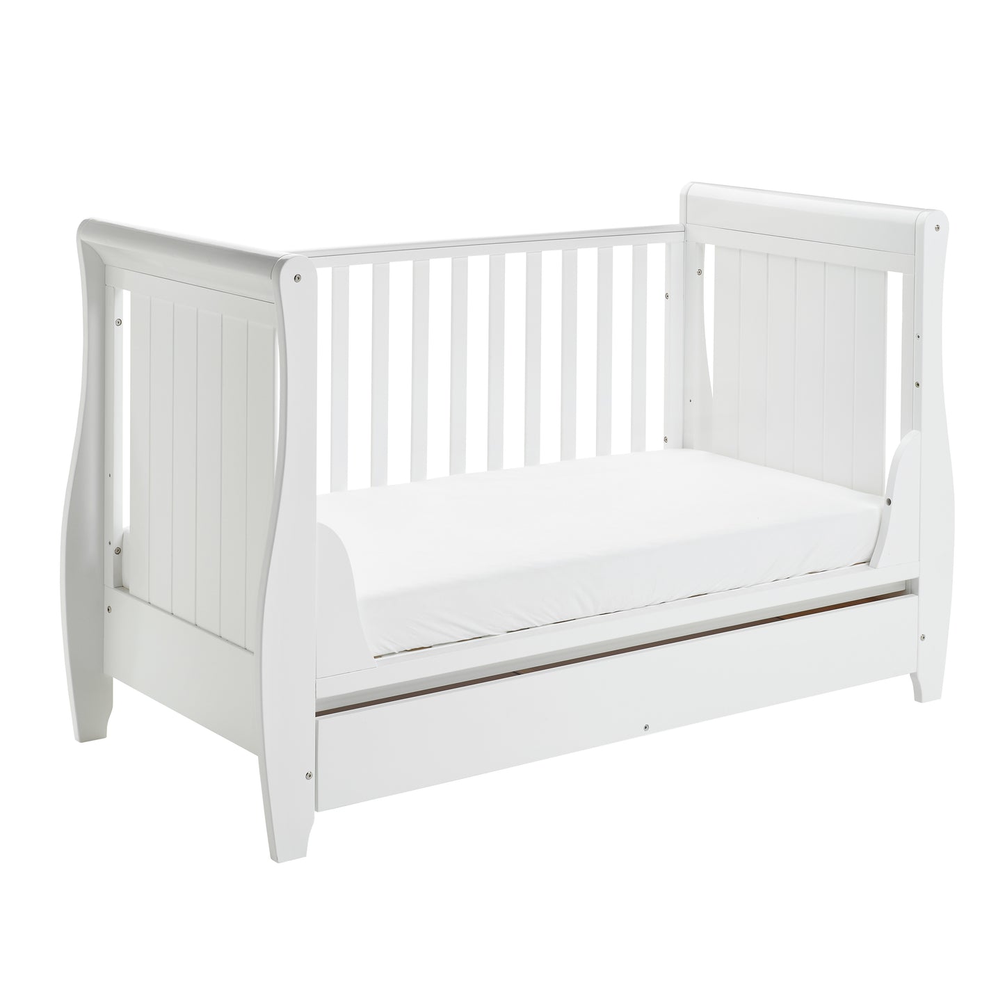 Babymore Stella Sleigh Cot Bed Drop Side with Drawer - White